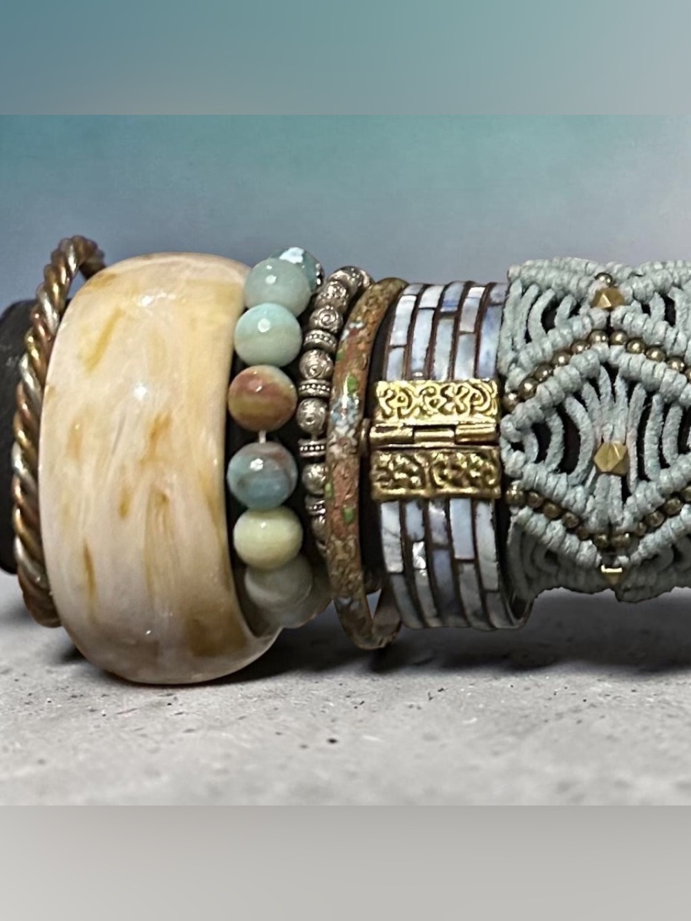 Signature Faith Boho Stacked Beaded Bangle Bracelet Set Aqua Gold OS